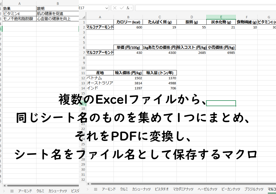 複数のExcelファイルから、同じシート名のものを集めて1つにまとめ、それをPDFに変換し、シート名をファイル名として保存するマクロ